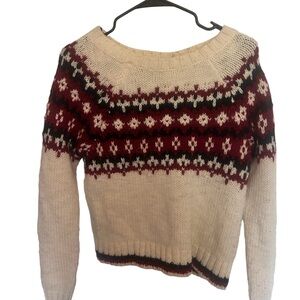 American Eagle Outfitters Cream and Burgundy Patterned Sweater